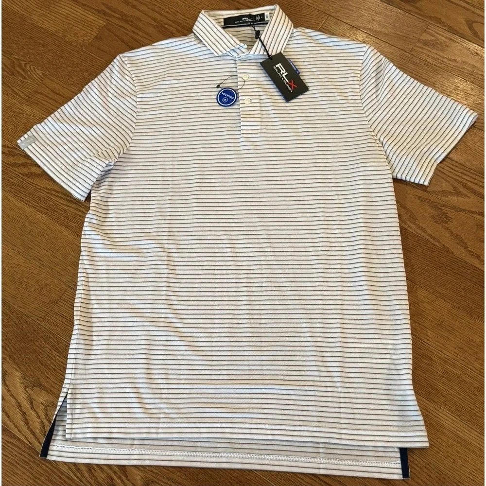 NWT RLX Ralph Lauren Performance Golf Polo Pink Sand Striped Size M Wicking